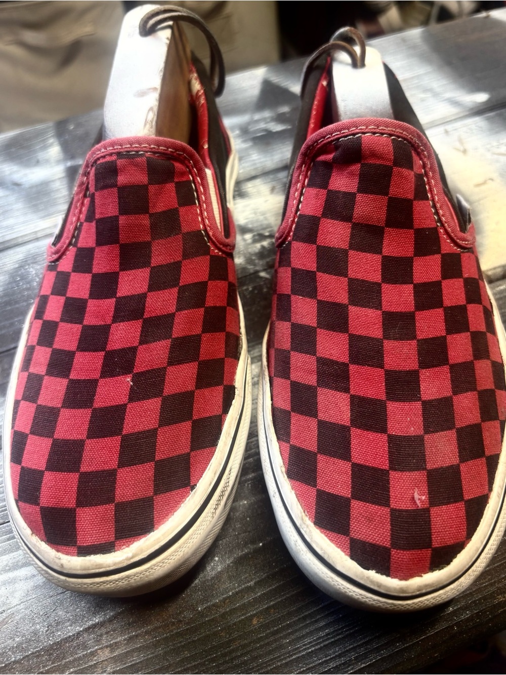 Vans red and black checkerboard slip-on sneakers womens size 8.5
